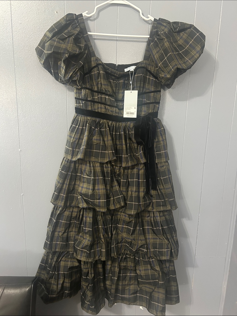 ANTONIO MELANI Olive and Black Plaid Tiered Maxi Dress with Velvet Tie